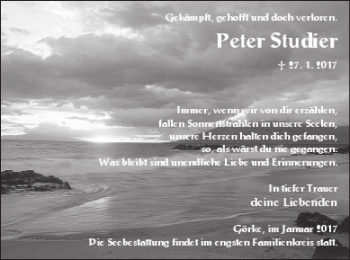 Traueranzeige von Peter Studier von Vorpommern Kurier