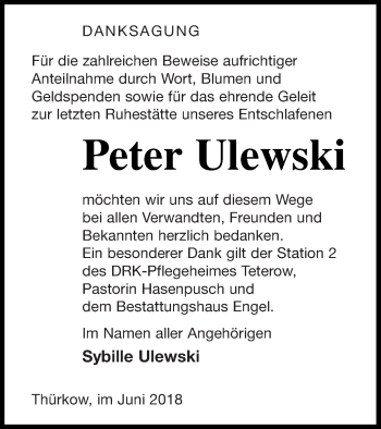 Traueranzeige von Peter Ulewski von Mecklenburger Schweiz