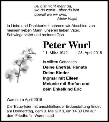 Traueranzeige von Peter Wurl von Müritz-Zeitung
