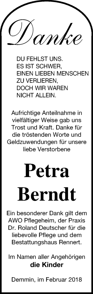 Traueranzeige von Petra Berndt von Demminer Zeitung