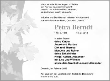 Traueranzeige von Petra Berndt von Demminer Zeitung