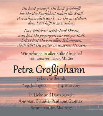 Traueranzeige von Petra Großjohann von Vorpommern Kurier