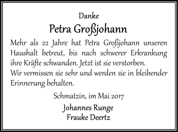 Traueranzeige von Petra Großjohann von Vorpommern Kurier