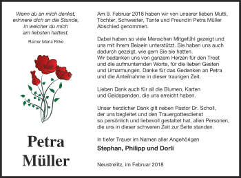 Traueranzeige von Petra Müller von Müritz-Zeitung