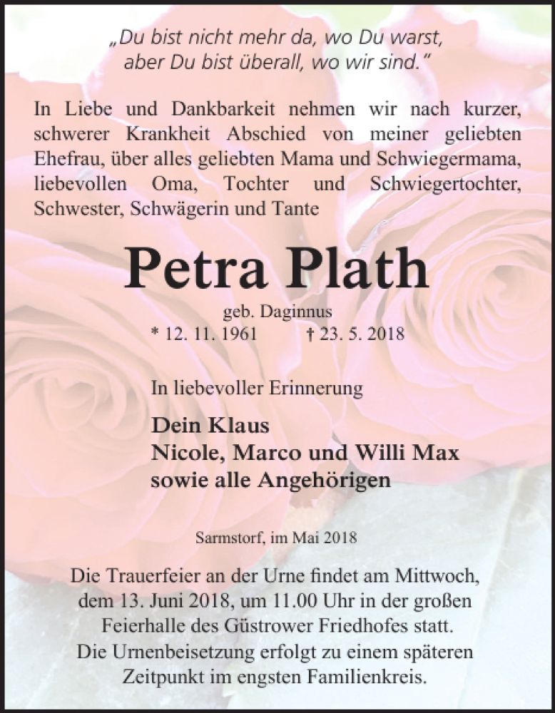  Traueranzeige für Petra Plath vom 02.06.2018 aus Güstrower Anzeiger