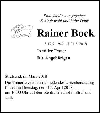 Traueranzeige von Rainer Bock von Vorpommern Kurier