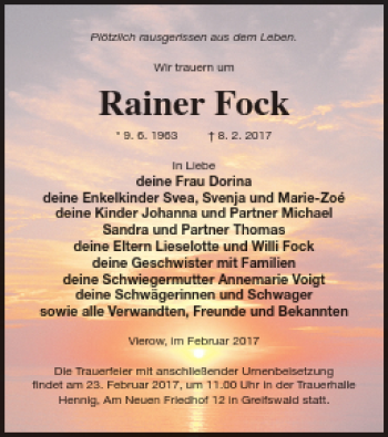 Traueranzeige von Rainer Fock von Vorpommern Kurier