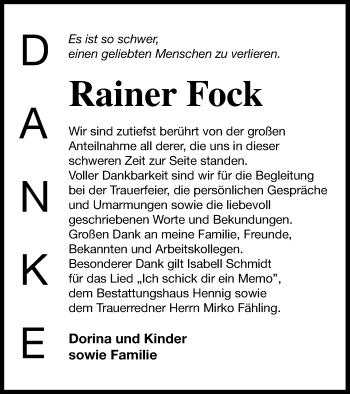 Traueranzeige von Rainer Fock von Vorpommern Kurier