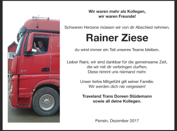 Traueranzeige von Rainer Ziese von Demminer Zeitung