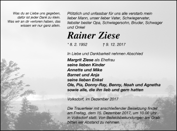 Traueranzeige von Rainer Ziese von Demminer Zeitung