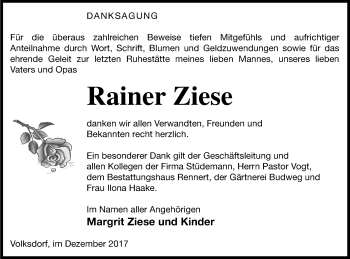 Traueranzeige von Rainer Ziese von Demminer Zeitung