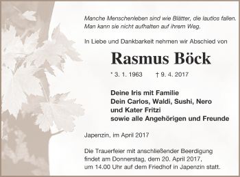 Traueranzeige von Rasmus Böck von Vorpommern Kurier