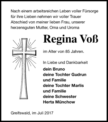 Traueranzeige von Regina Voß von Vorpommern Kurier