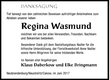 Traueranzeige von Regina Wasmund von Neubrandenburger Zeitung