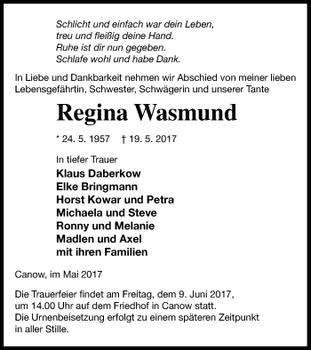 Traueranzeige von Regina Wasmund von Neubrandenburger Zeitung