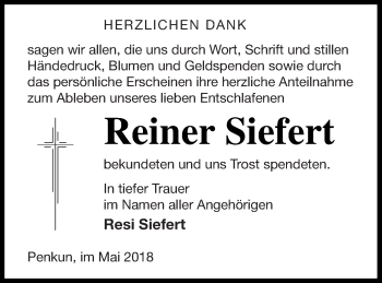 Traueranzeige von Reiner Siefert von Pasewalker Zeitung