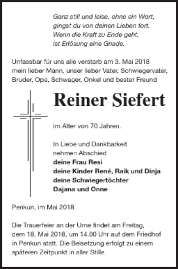 Traueranzeige von Reiner Siefert von Pasewalker Zeitung