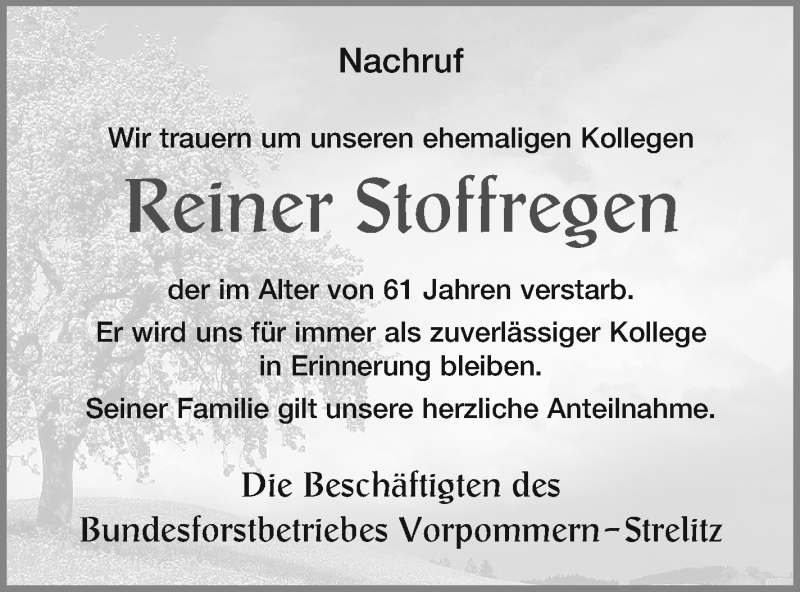  Traueranzeige für Reiner Stoffregen vom 17.03.2018 aus Haff-Zeitung