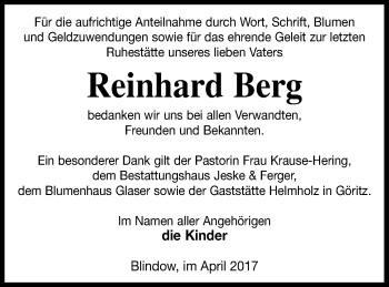 Traueranzeige von Reinhard Berg von Prenzlauer Zeitung