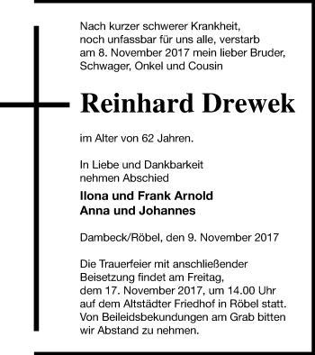 Traueranzeige von Reinhard Drewek von Müritz-Zeitung