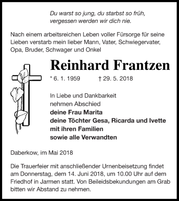 Traueranzeige von Reinhard Frantzen von Vorpommern Kurier