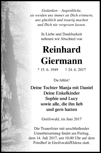 Traueranzeige von Reinhard Giermann von Neubrandenburger Zeitung