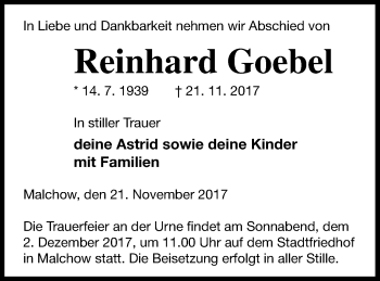 Traueranzeige von Reinhard Goebel von Müritz-Zeitung