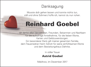 Traueranzeige von Reinhard Goebel von Müritz-Zeitung