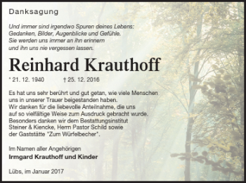 Traueranzeige von Reinhard Krauthoff von Vorpommern Kurier