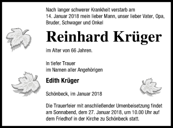 Traueranzeige von Reinhard Krüger von Strelitzer Zeitung