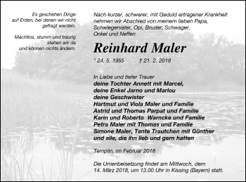 Traueranzeige von Reinhard Maler von Templiner Zeitung