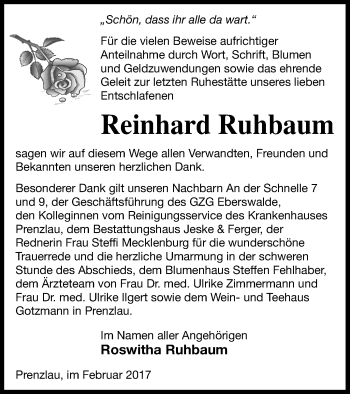 Traueranzeige von Reinhard Ruhbaum von Prenzlauer Zeitung