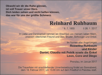 Traueranzeige von Reinhard Ruhbaum von Prenzlauer Zeitung