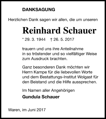 Traueranzeige von Reinhard Schauer von Müritz-Zeitung