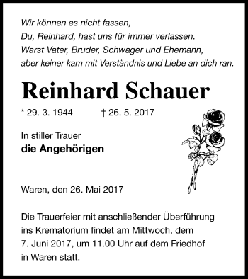 Traueranzeige von Reinhard Schauer von Müritz-Zeitung