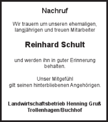 Traueranzeige von Reinhard Schult von Neubrandenburger Zeitung