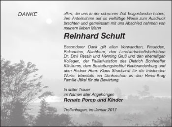 Traueranzeige von Reinhard Schult von Neubrandenburger Zeitung