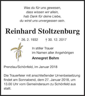 Traueranzeige von Reinhard Stoltzenburg von Prenzlauer Zeitung