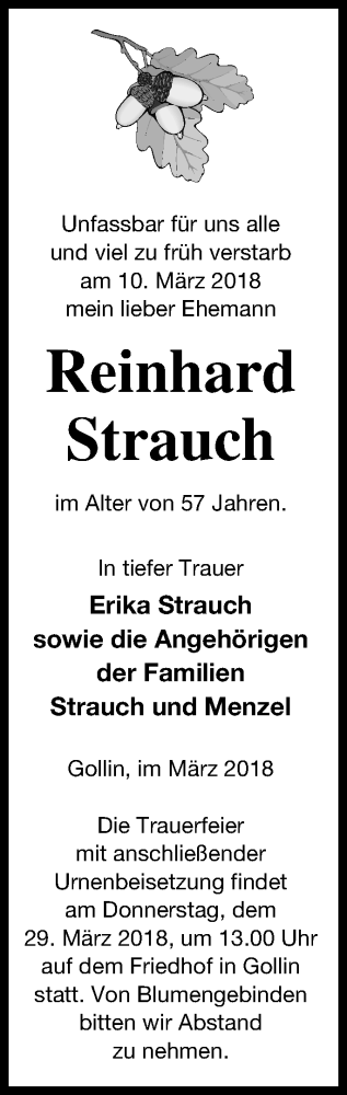 Traueranzeige von Reinhard Strauch von Templiner Zeitung