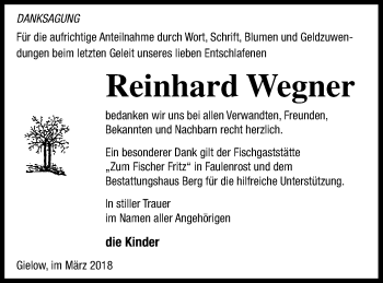 Traueranzeige von Reinhard Wegner von Mecklenburger Schweiz