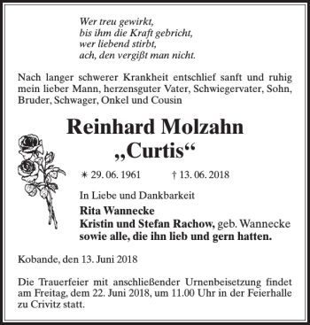 Traueranzeige von Reinhard Molzahn Curtis von Zeitung für die Landeshauptstadt