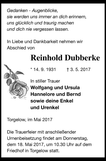 Traueranzeige von Reinhold Dubberke von Haff-Zeitung