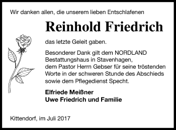 Traueranzeige von Reinhold Friedrich von Mecklenburger Schweiz