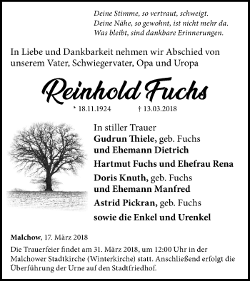 Traueranzeige von Reinhold Fuchs von Müritz-Zeitung
