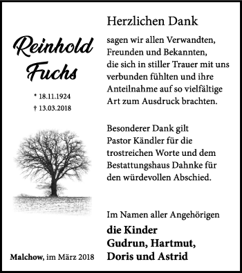 Traueranzeige von Reinhold Fuchs von Müritz-Zeitung