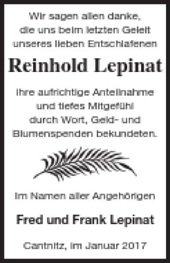 Traueranzeige von Reinhold Lepinat von Strelitzer Zeitung