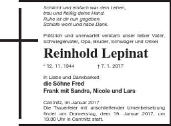 Traueranzeige von Reinhold Lepinat von Strelitzer Zeitung