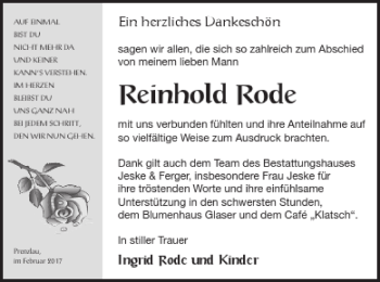 Traueranzeige von Reinhold Rode von Prenzlauer Zeitung