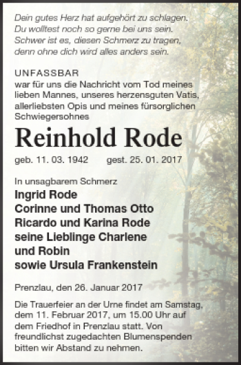 Traueranzeige von Reinhold Rode von Prenzlauer Zeitung