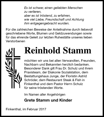 Traueranzeige von Reinhold Stamm von Mecklenburger Schweiz